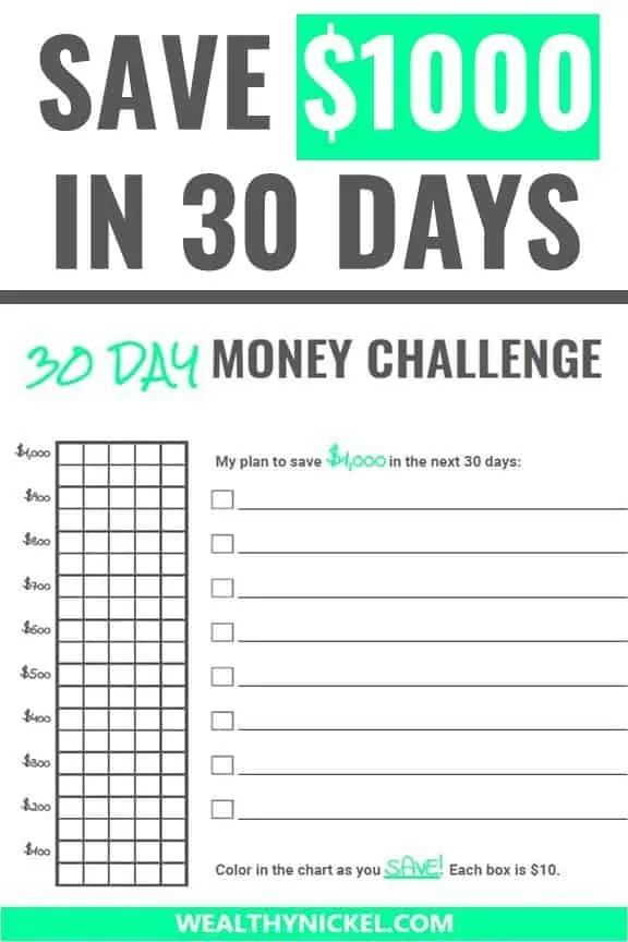 Join the 30 day money saving challenge to find out how to save $1000 in one month. Get out of debt and save money with this 30 day challenge. Get a free printable, along with practical tips to help you save $1000 this month! #moneychallenge #moneysavingchallenge #savemoney #getoutofdebt