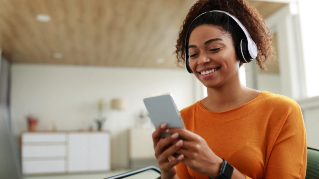 Woman wearing wireless headset